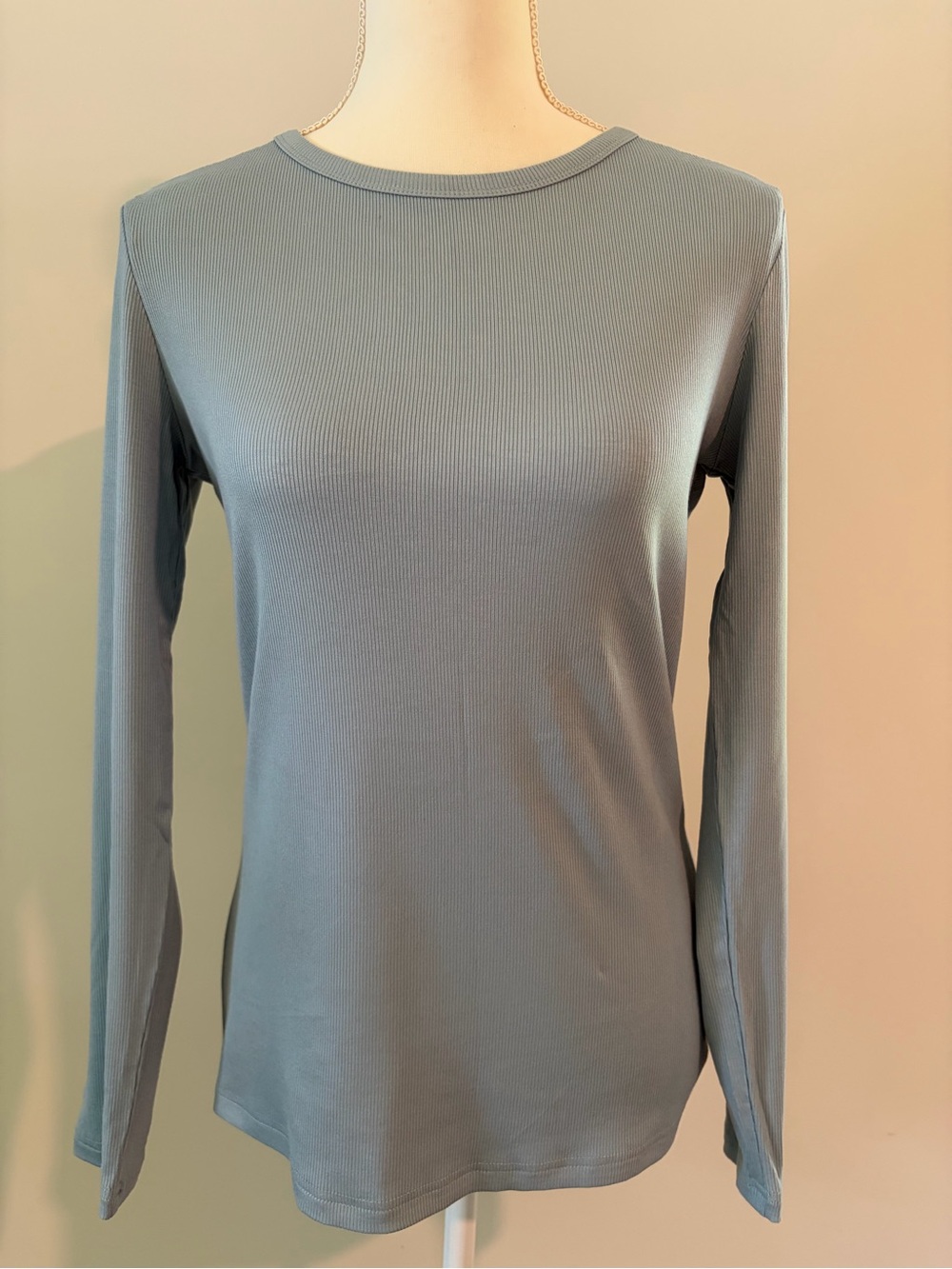 Classic Long Sleeve Ribbed Crewneck Top - Dusty Blue